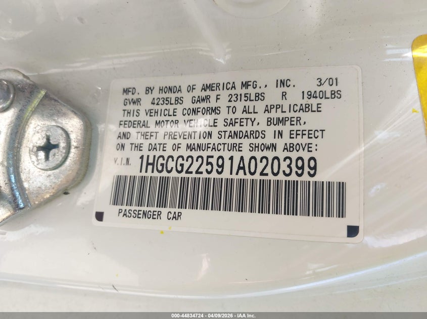 2001 Honda Accord 3.0 Ex VIN: 1HGCG22591A020399 Lot: 44834724