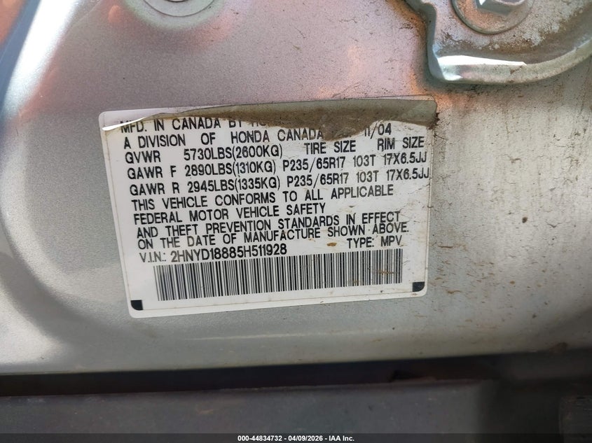 2005 Acura Mdx VIN: 2HNYD18885H511928 Lot: 44834732