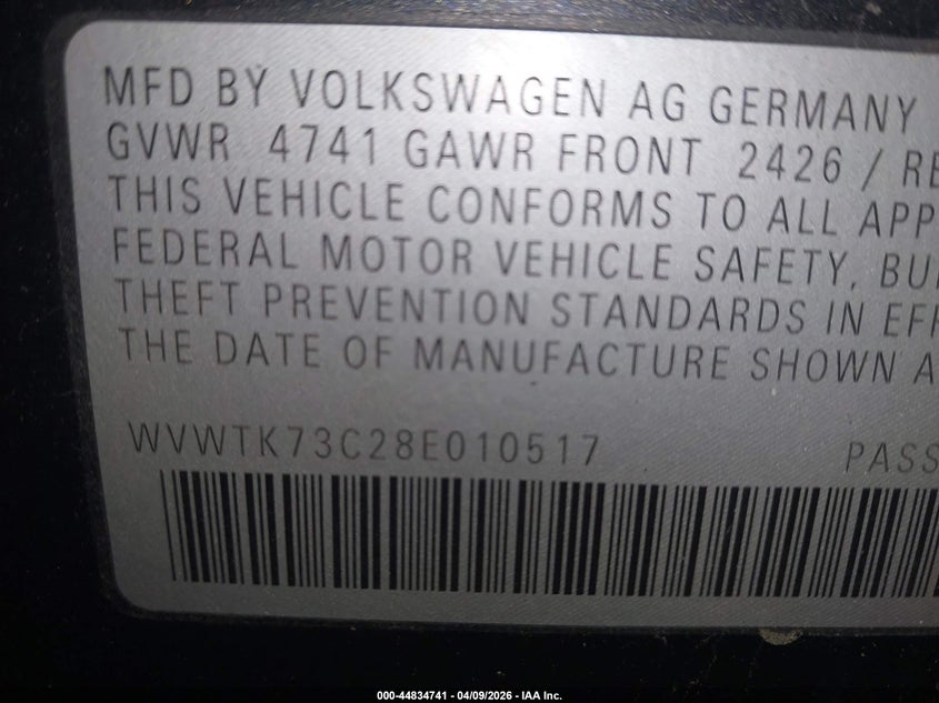 2008 Volkswagen Passat Lux VIN: WVWTK73C28E010517 Lot: 44834741