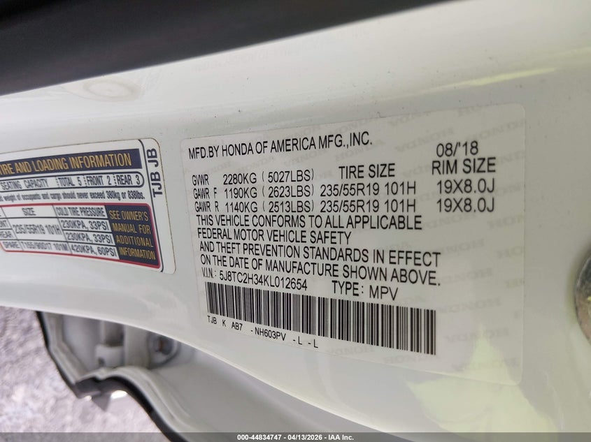 2019 Acura Rdx Standard VIN: 5J8TC2H34KL012654 Lot: 44834747