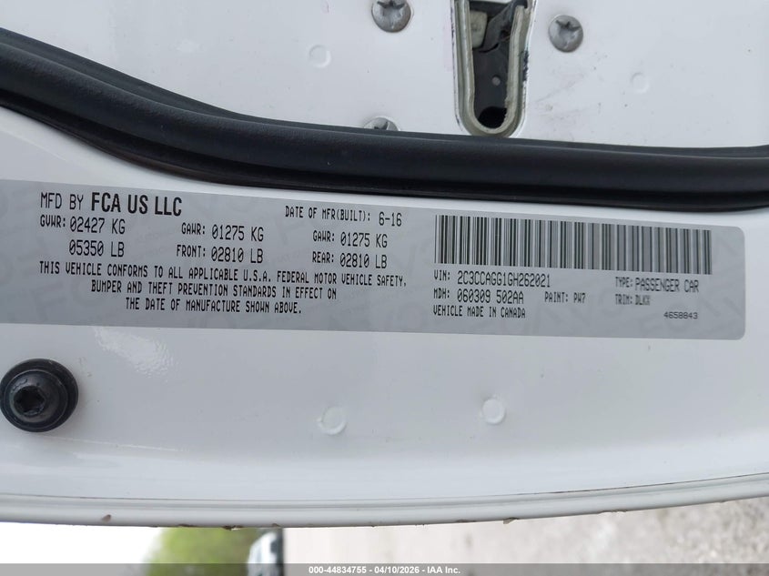 2016 Chrysler 300 3.6 S Alloy Edition white Lot 111044834755 Vin 2C3CCAGG1GH262021