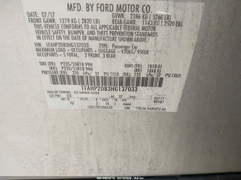 2017 Ford Taurus 3.5 Se grey Lot 111044834770 Vin 1FAHP2D83HG137033