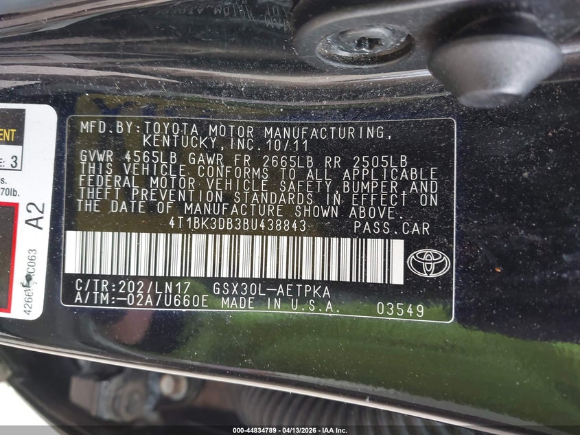 2011 Toyota Avalon Limited VIN: 4T1BK3DB3BU438843 Lot: 44834789