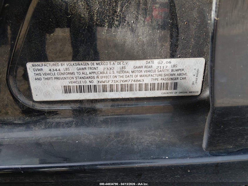 2006 Volkswagen Jetta 2.5 VIN: 3VWSF71K76M774863 Lot: 44834790