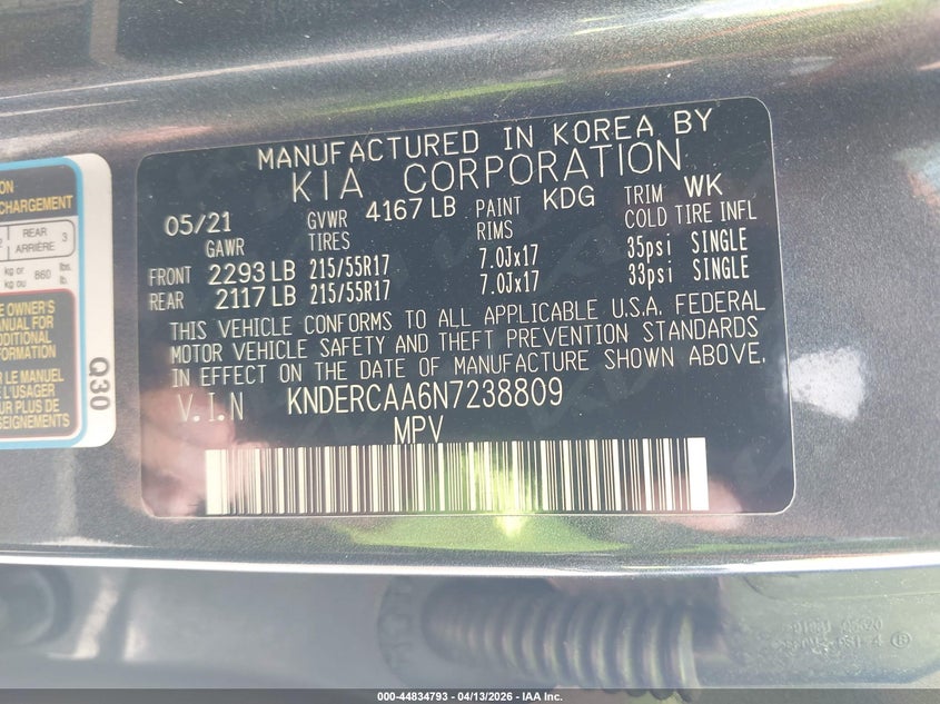 2022 Kia Seltos Ex VIN: KNDERCAA6N7238809 Lot: 44834793