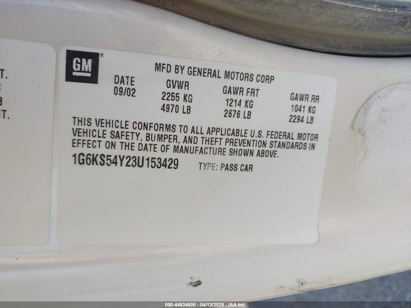 2003 Cadillac Seville Sls VIN: 1G6KS54Y23U153429 Lot: 44834800