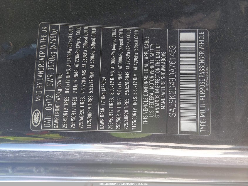 2013 Land Rover Range Rover Sport Hse VIN: SALSK2D49DA761453 Lot: 44834818