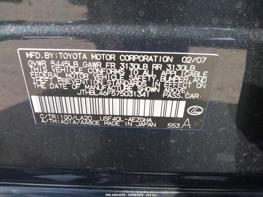 2007 Lexus Ls 460 VIN: JTHBL46F575031341 Lot: 44834828
