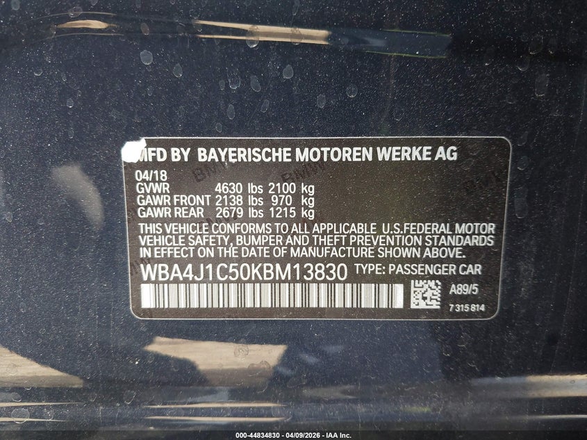 2019 BMW 430I Gran Coupe VIN: WBA4J1C50KBM13830 Lot: 44834830