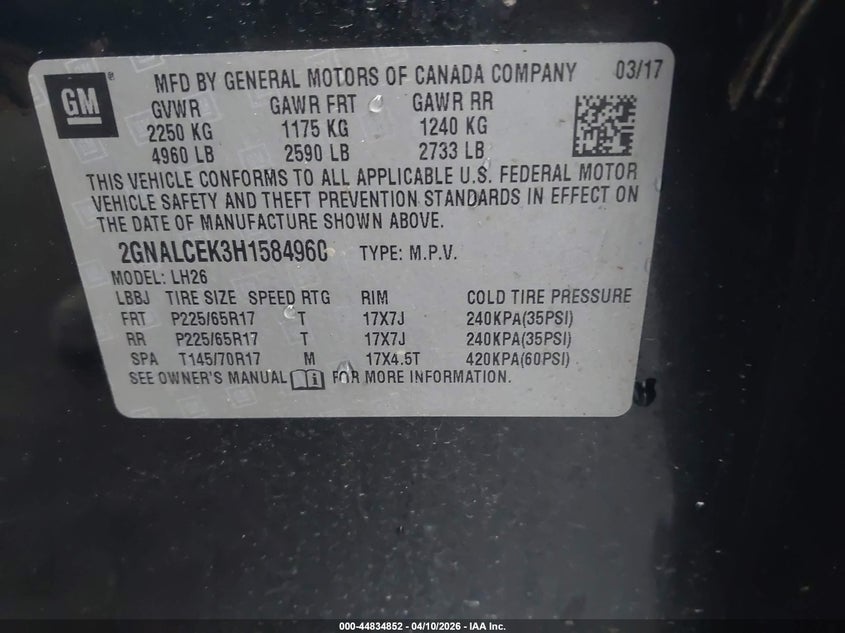 2017 CHEVROLET EQUINOX SPORT UTILITY VEHICLE 2.4L I-4 DI, DOHC, VVT, 182HP