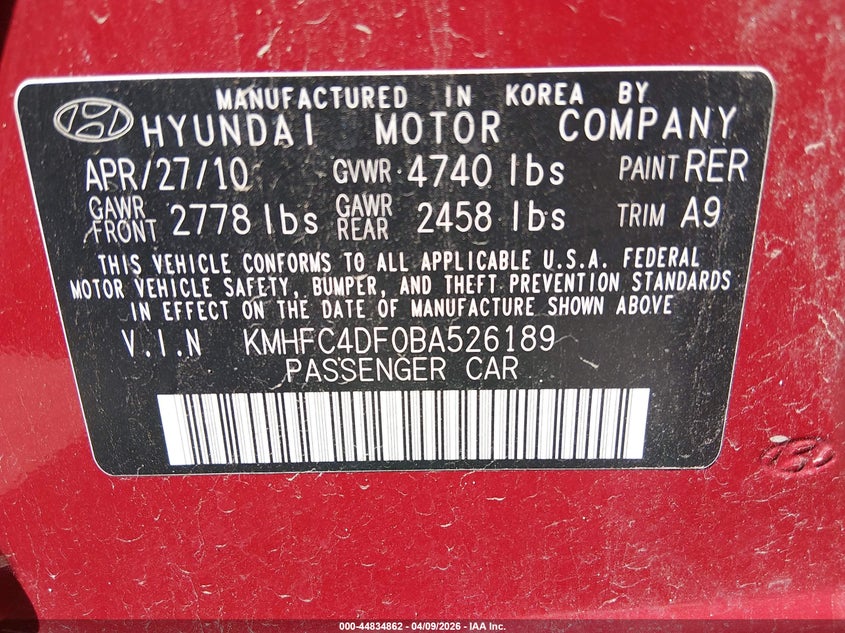 2011 Hyundai Azera Limited VIN: KMHFC4DF0BA526189 Lot: 44834862