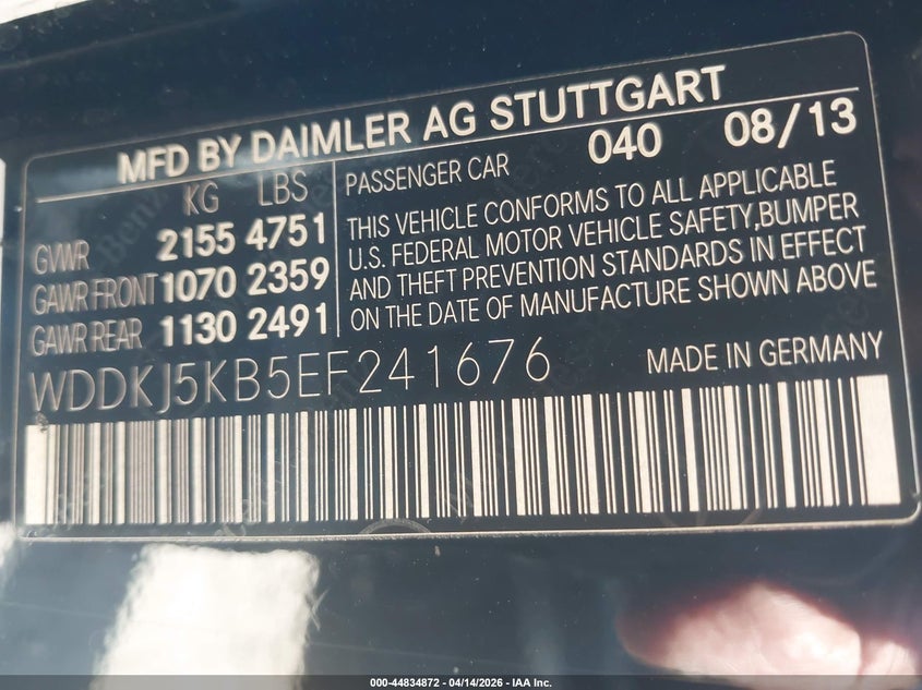 2014 Mercedes-Benz E 350 VIN: WDDKJ5KB5EF241676 Lot: 44834872