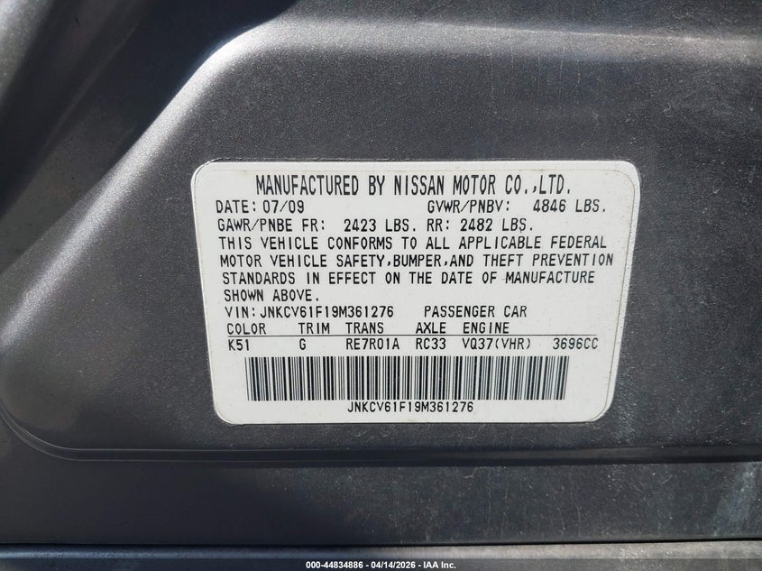 2009 Infiniti G37X VIN: JNKCV61F19M361276 Lot: 44834886