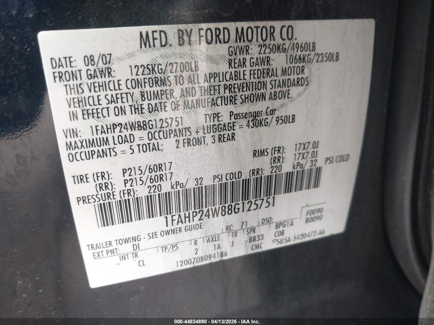 2008 Ford Taurus Sel VIN: 1FAHP24W88G125751 Lot: 44834890