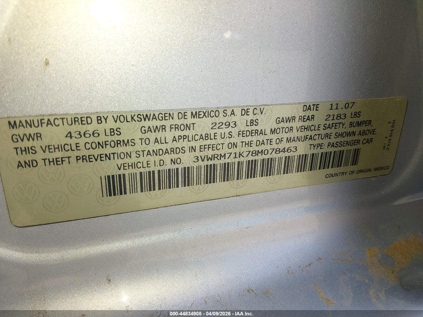 2008 Volkswagen Jetta Se/Sel VIN: 3VWRM71K78M078463 Lot: 44834908
