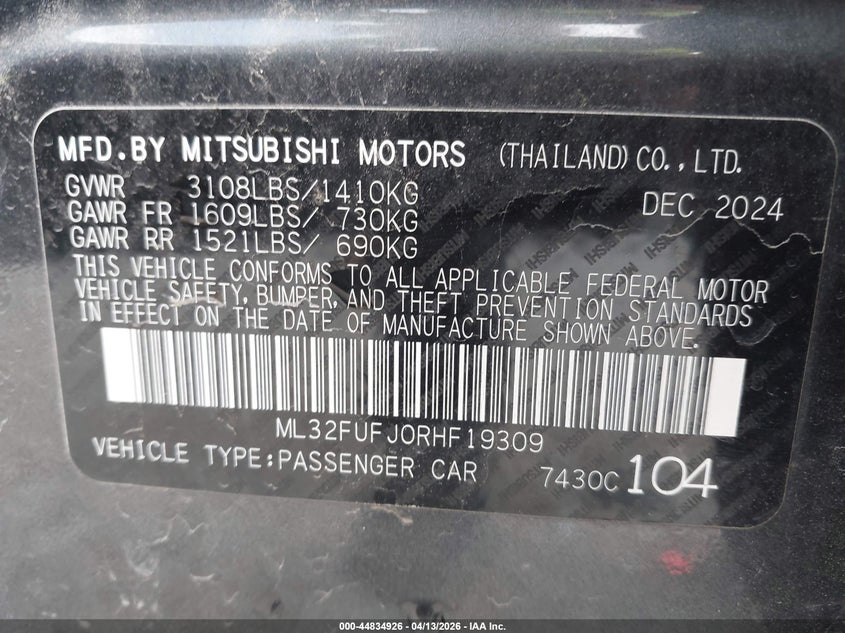 2024 Mitsubishi Mirage G4 Le VIN: ML32FUFJ0RHF19309 Lot: 44834926