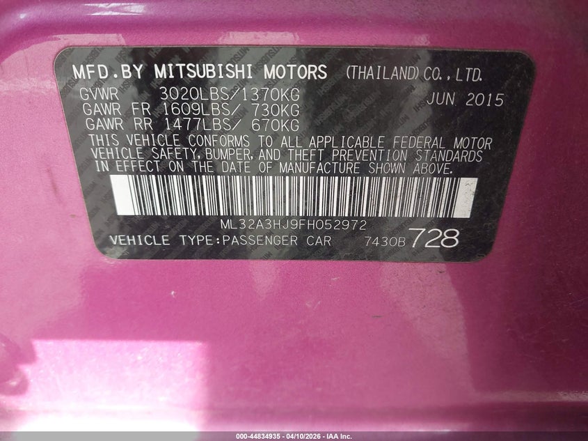 2015 Mitsubishi Mirage De VIN: ML32A3HJ9FH052972 Lot: 44834935