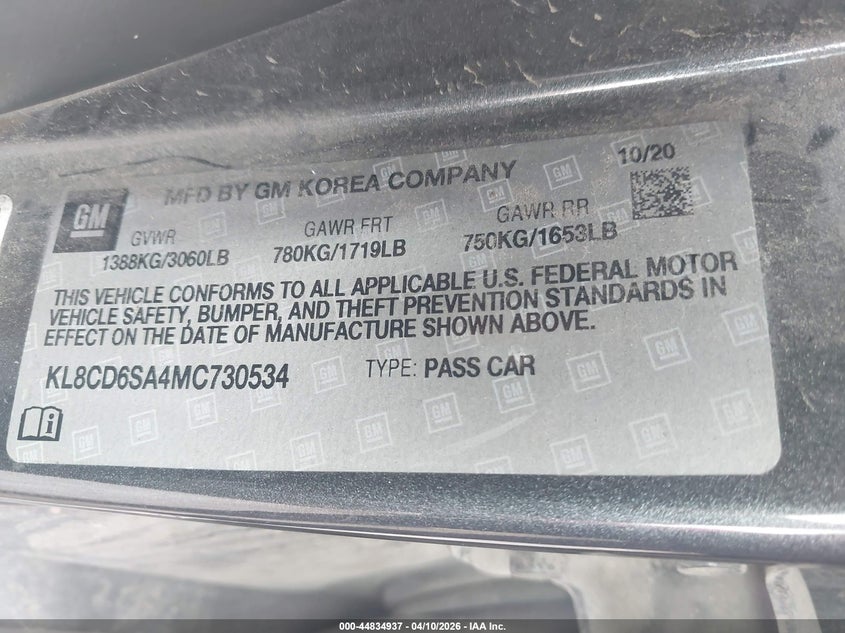 2021 Chevrolet Spark Fwd 1Lt Automatic VIN: KL8CD6SA4MC730534 Lot: 44834937