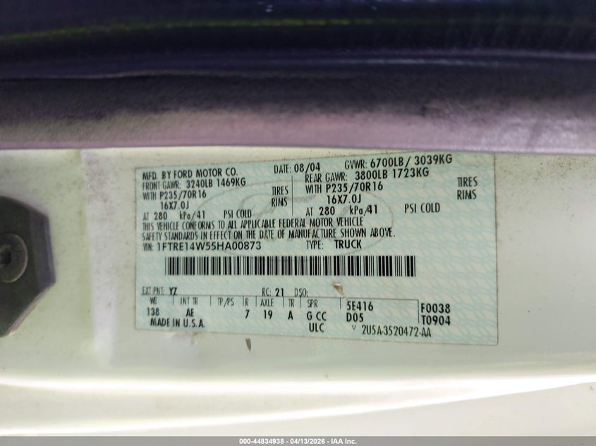 2005 Ford E-150 Commercial/Recreational VIN: 1FTRE14W55HA00873 Lot: 44834938