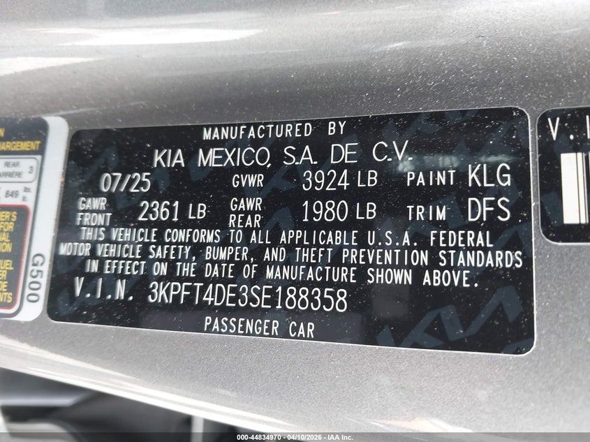 2025 Kia K4 2.0 Lxs silver Lot 111044834970 Vin 3KPFT4DE3SE188358