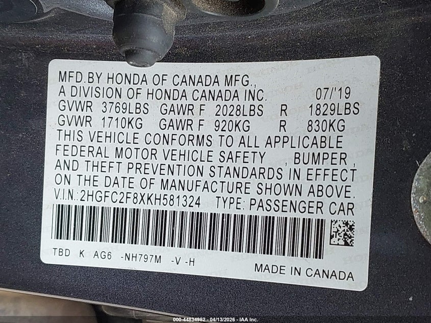 2019 Honda Civic 2.0 Sport grey Lot 111044834982 Vin 2HGFC2F8XKH581324