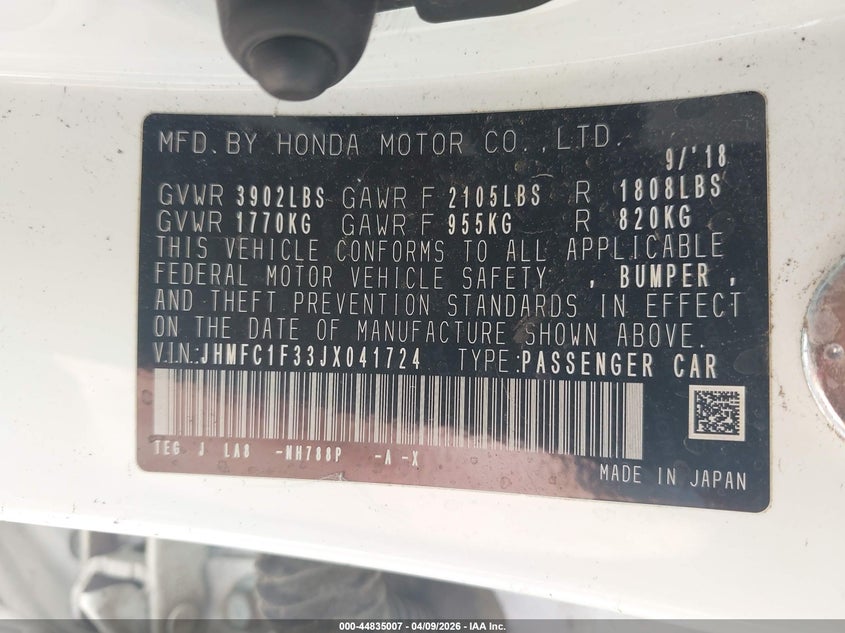 2018 Honda Civic 1.5 Ex-T white Lot 111044835007 Vin JHMFC1F33JX041724