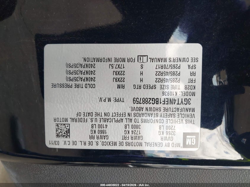 2011 Cadillac Escalade Ext Premium VIN: 3GYT4NEF1BG288759 Lot: 44835022