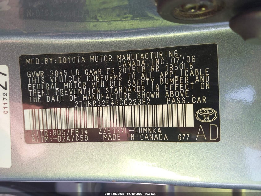 2006 Toyota Matrix Xr VIN: 2T1KR32E46C622382 Lot: 44835035