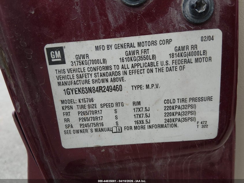 2004 Cadillac Escalade Standard VIN: 1GYEK63N84R249460 Lot: 44835081