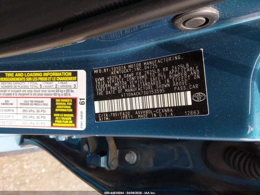 2025 TOYOTA CAMRY 2.5L I-4 DI, DOHC, V(VIN: 4T1DAACK7SU153595