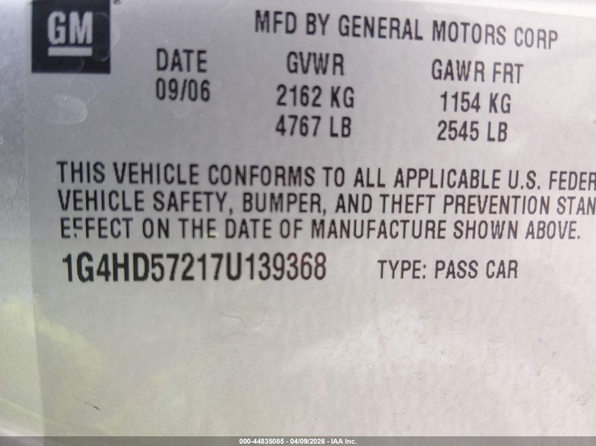 2007 Buick Lucerne Cxl VIN: 1G4HD57217U139368 Lot: 44835085