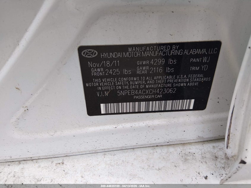 2012 Hyundai Sonata 2.4 Gls white Lot 111044835159 Vin 5NPEB4ACXCH423062