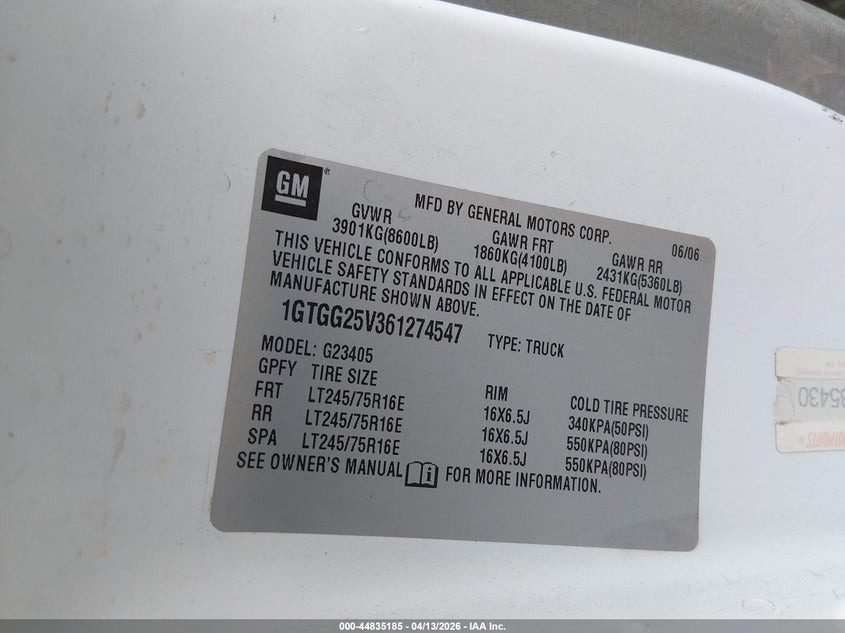 2006 GMC Savana Work Van VIN: 1GTGG25V361274547 Lot: 44835185