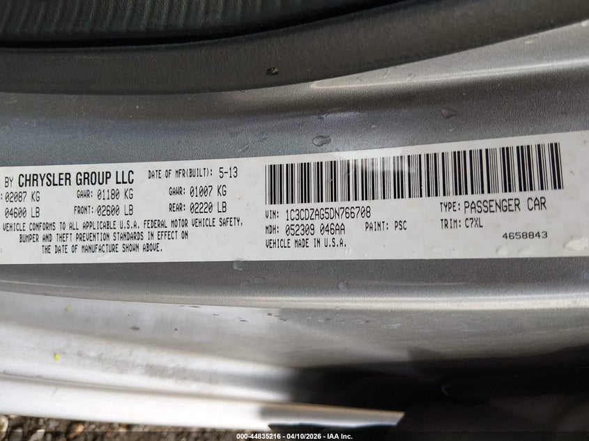 2013 Dodge Avenger Se V6 VIN: 1C3CDZAG5DN766708 Lot: 44835216