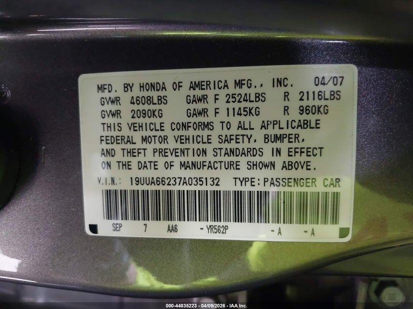 2007 Acura Tl 3.2 VIN: 19UUA66237A035132 Lot: 44835223