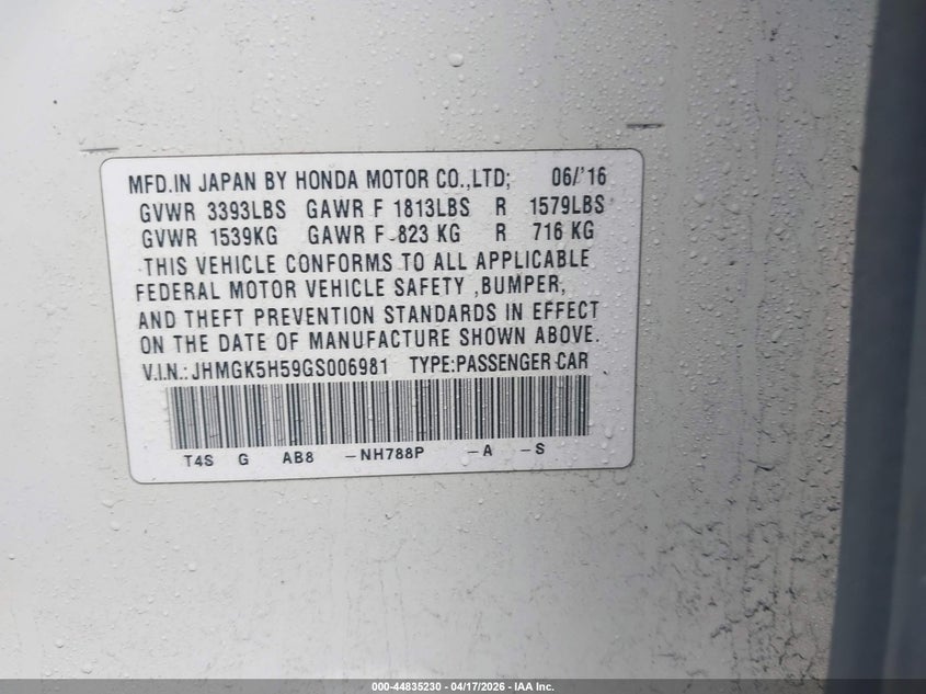 2016 Honda Fit Lx VIN: JHMGK5H59GS006981 Lot: 44835230