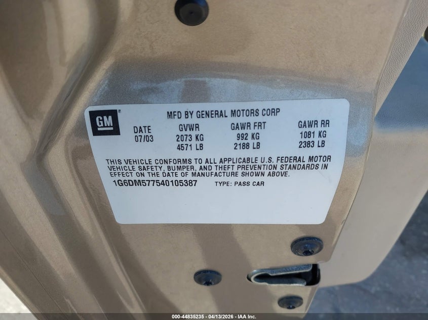 2004 Cadillac Cts Standard VIN: 1G6DM577540105387 Lot: 44835235