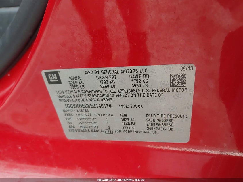 2014 Chevrolet Silverado 5.3 1500 1Lt red Lot 111044835237 Vin 1GCVKREC8EZ140114