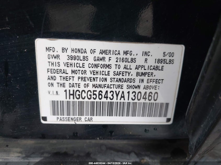 2000 Honda Accord 2.3 Lx VIN: 1HGCG5643YA130460 Lot: 44835244