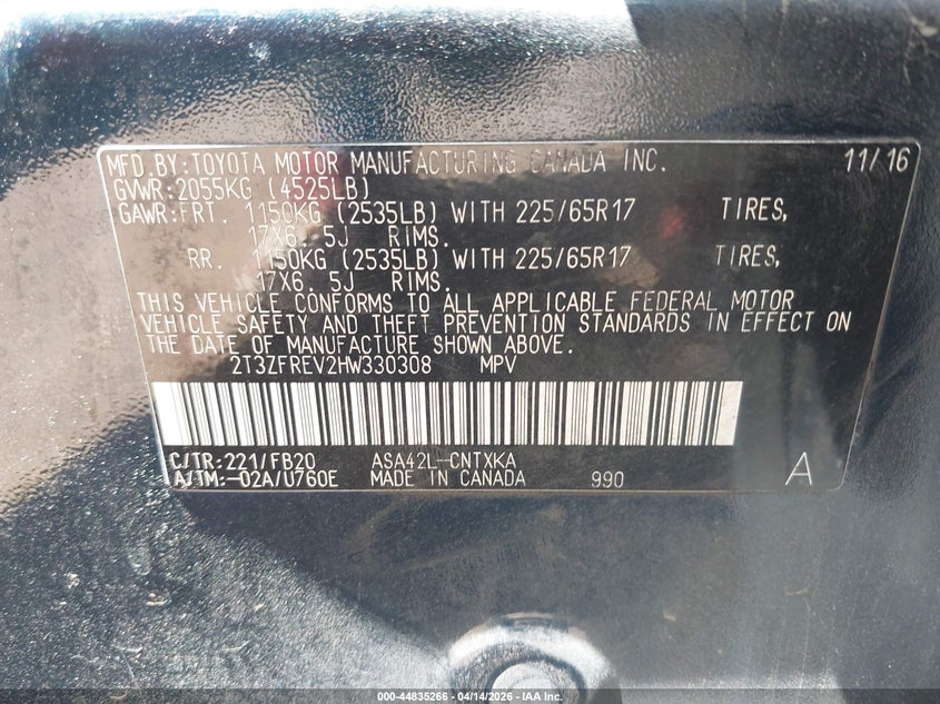 2017 Toyota Rav4 Le VIN: 2T3ZFREV2HW330308 Lot: 44835266