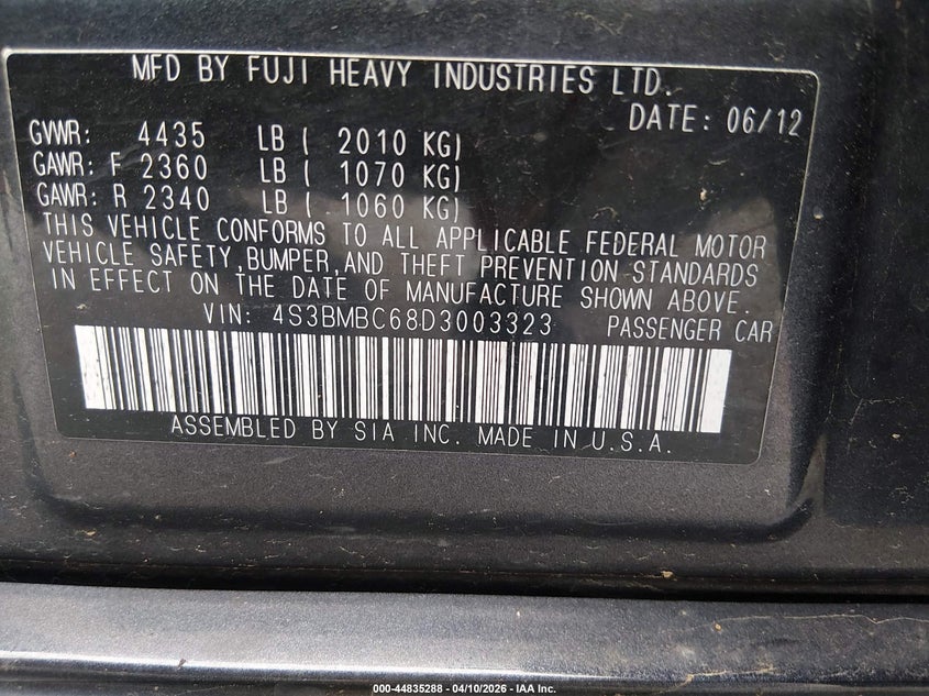 2013 Subaru Legacy 2.5I Premium VIN: 4S3BMBC68D3003323 Lot: 44835288