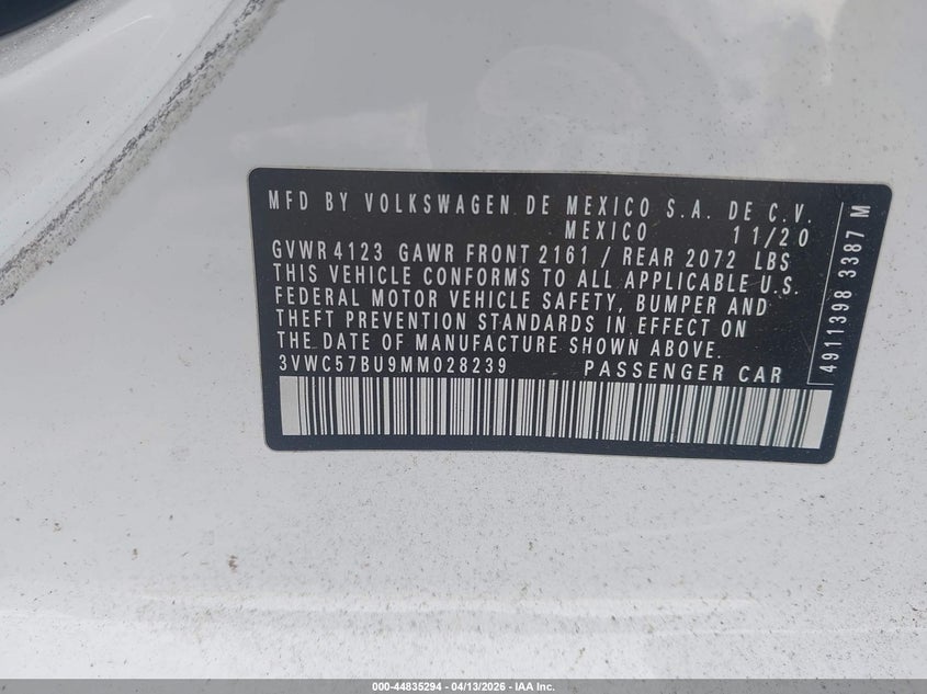2021 Volkswagen Jetta 1.4T R-Line/1.4T S/1.4T Se VIN: 3VWC57BU9MM028239 Lot: 44835294