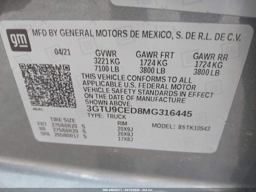 2021 Gmc SIERRA 5.3 1500 4Wd Short Box Elevation grey Lot 111044835311 Vin 3GTU9CED8MG316445