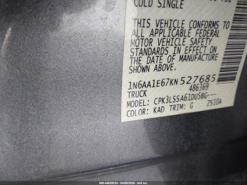 2019 Nissan Titan Sv VIN: 1N6AA1E67KN527685 Lot: 44835324