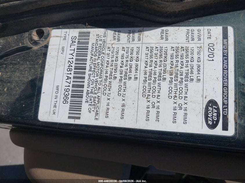 2001 Land Rover Discovery Series Ii VIN: SALTY12481A719366 Lot: 44835336