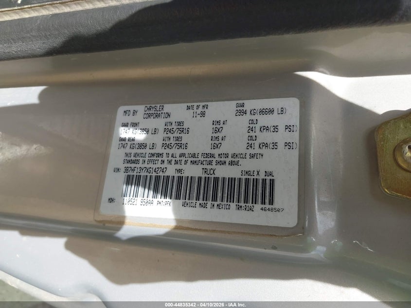 1999 Dodge Ram 1500 St VIN: 3B7HF13Y7XG142747 Lot: 44835342