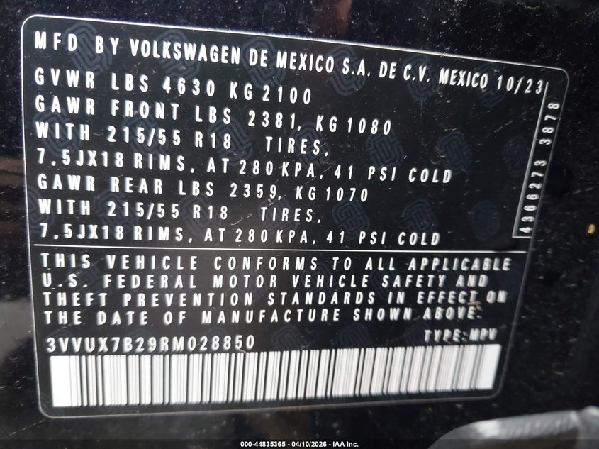 2024 Volkswagen Taos 1.5T Se VIN: 3VVUX7B29RM028850 Lot: 44835365