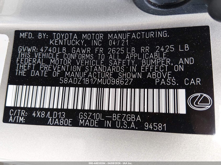 2021 Lexus Es 350 VIN: 58ADZ1B17MU098627 Lot: 44835394