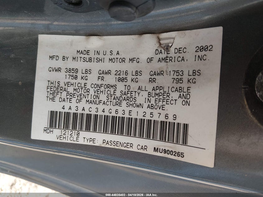 2003 Mitsubishi Eclipse Rs VIN: 4A3AC34G63E125769 Lot: 44835403