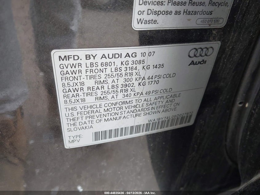 2008 Audi Q7 3.6 Premium VIN: WA1BY74L08D027972 Lot: 44835436